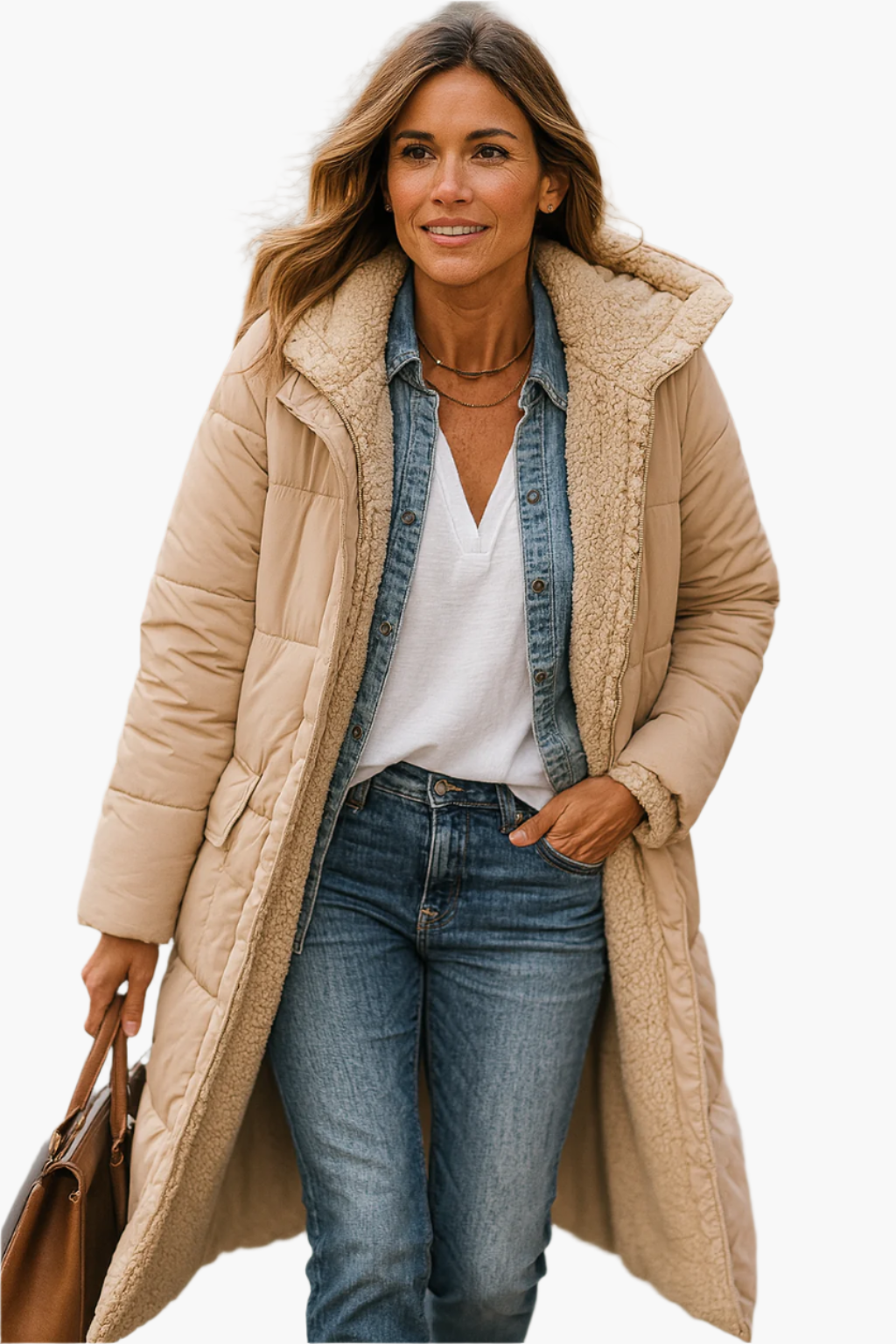 Adeline hooded longline puffer jacket in beige, front view with handbag