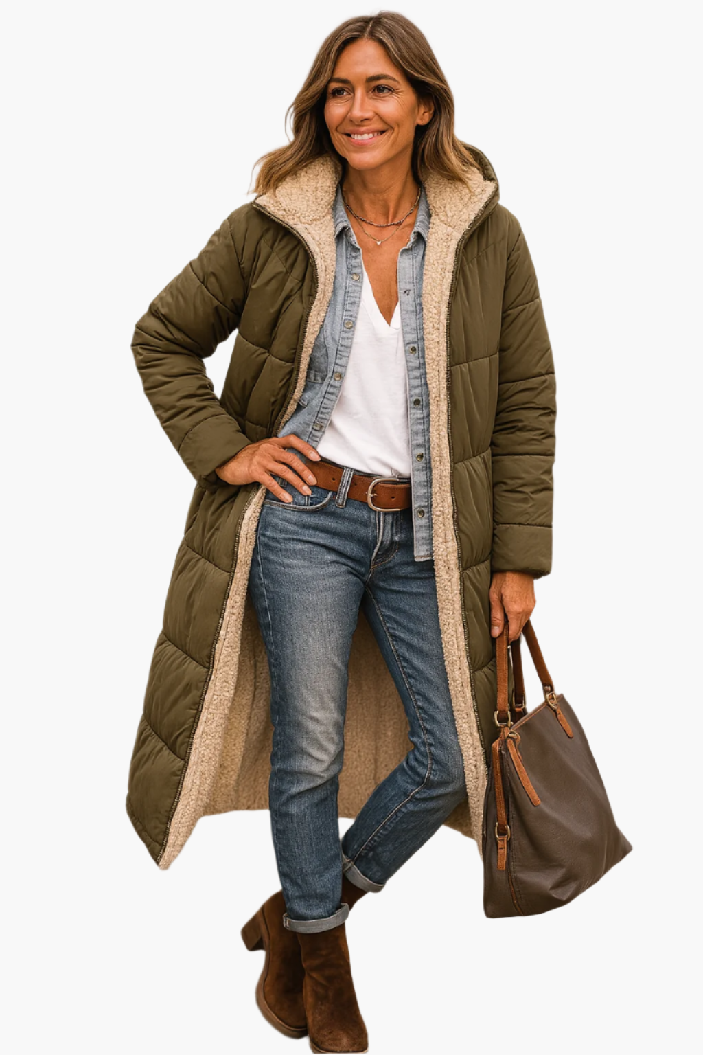Adeline hooded longline puffer jacket in olive green, front view with handbag