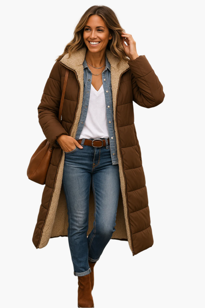 Adeline hooded longline puffer jacket in brown, front view with shoulder bag