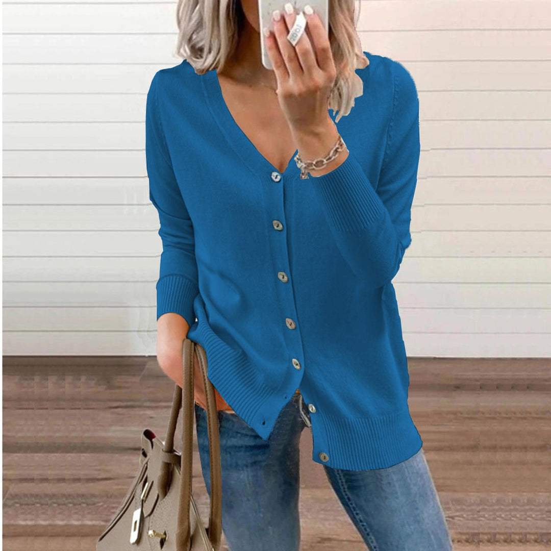 Amara blue V-neck button-down cardigan, front view