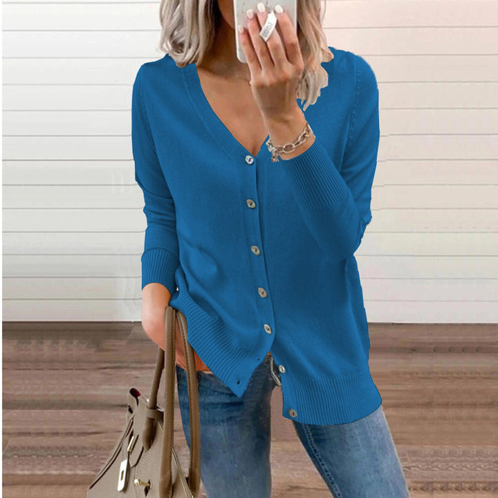 Amara blue V-neck button-down cardigan, front view