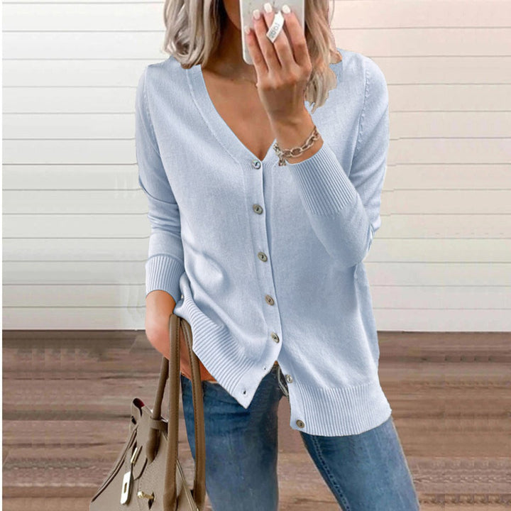 Amara sky blue V-neck button-down cardigan, front view