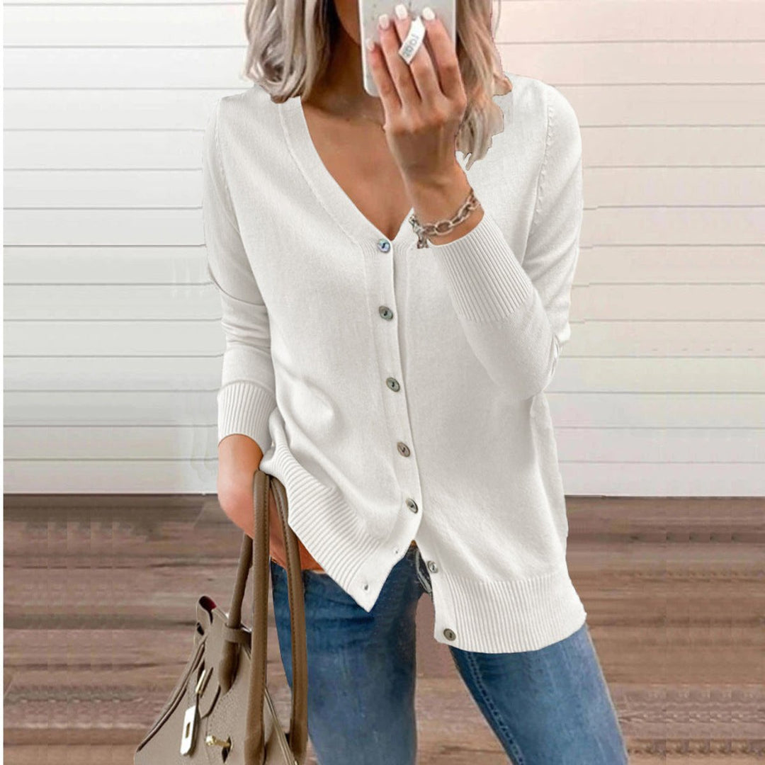 Amara white V-neck button-down cardigan, front view alternate