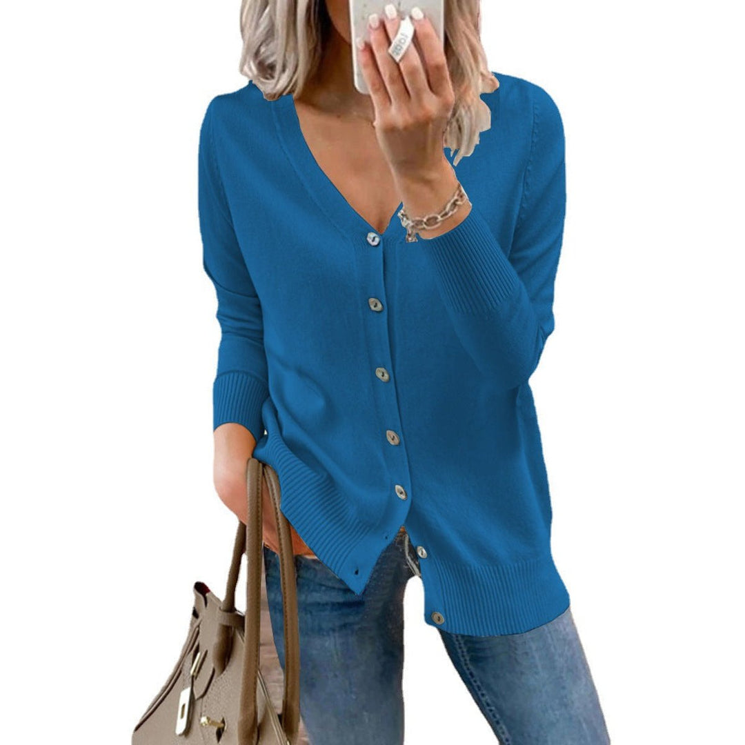 Amara blue V-neck button-down cardigan, front view alternate
