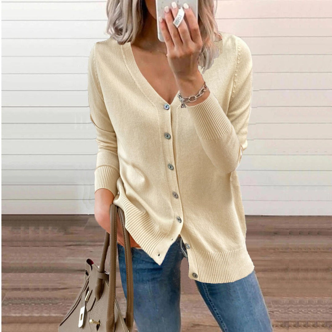 Amara beige V-neck button-down cardigan, front view