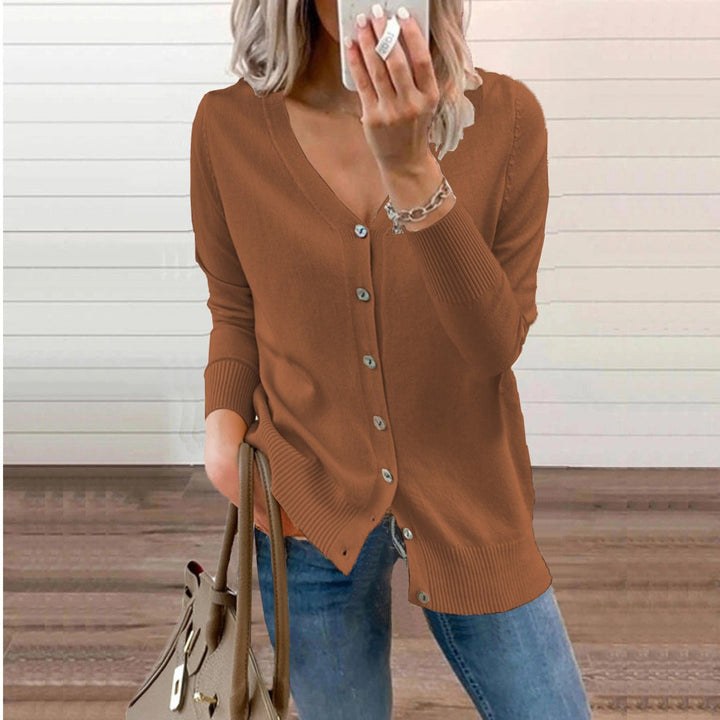 Amara brown V-neck button-down cardigan, front view