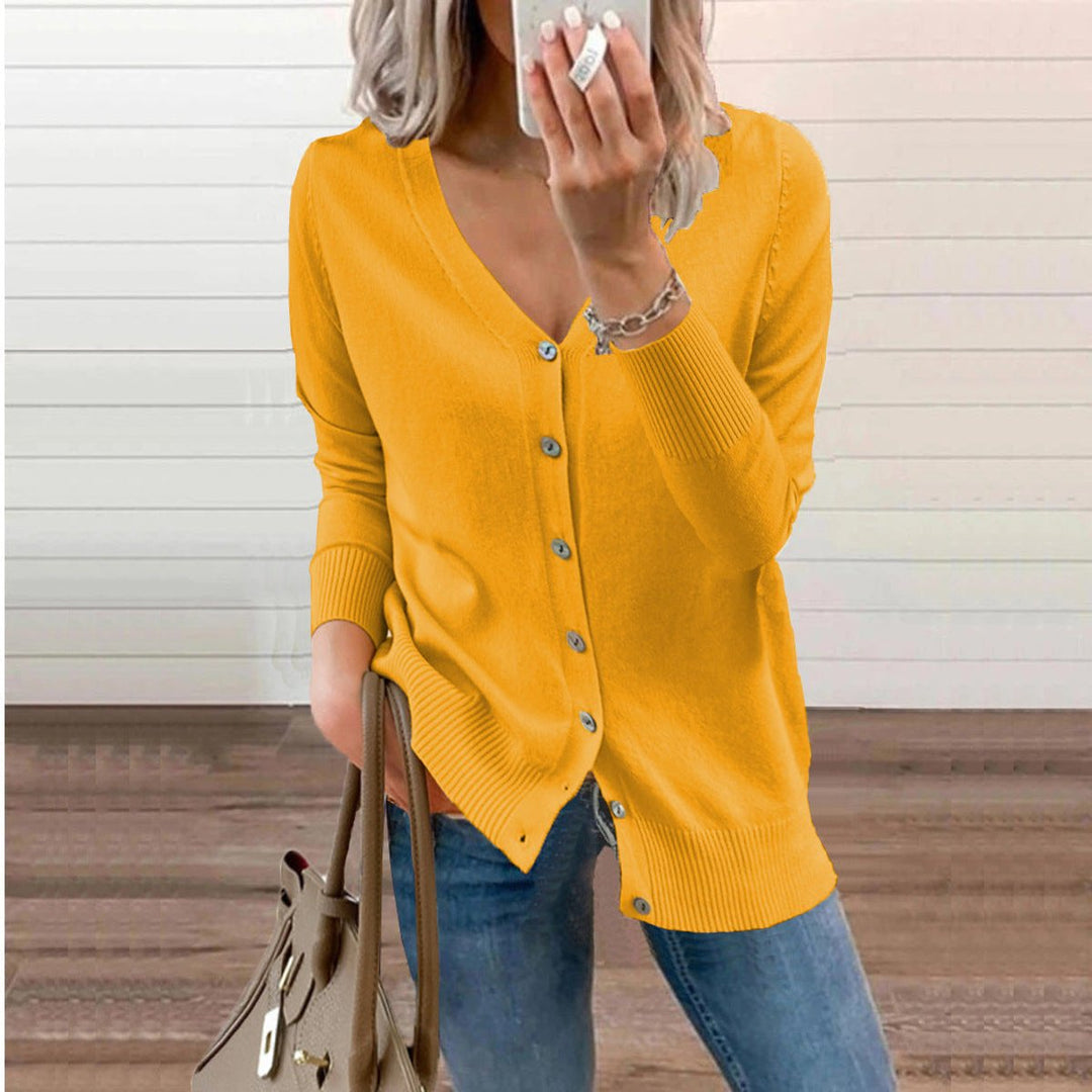 Amara yellow V-neck button-down cardigan, front view
