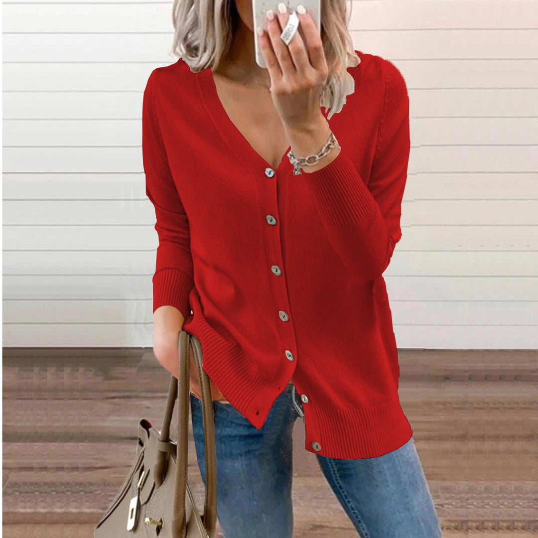 Amara red V-neck button-down cardigan, front view
