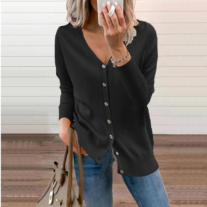 Amara black V-neck button-down cardigan, front view