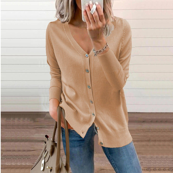 Amara camel V-neck button-down cardigan, front view