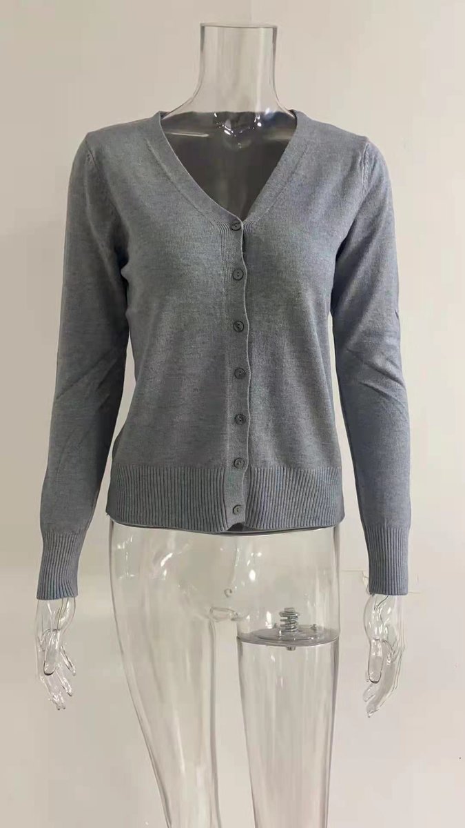 Amara gray V-neck button-down cardigan on mannequin, front view