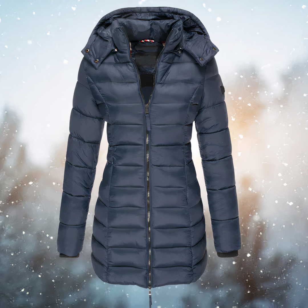 Autumn navy hooded quilted midi winter jacket, front view