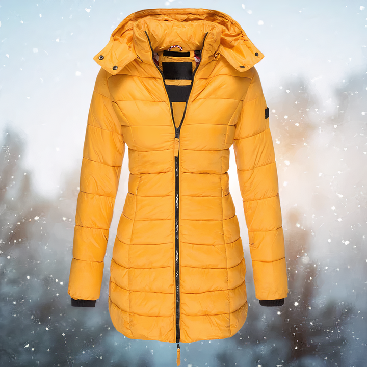 Autumn yellow hooded quilted midi winter jacket, front view
