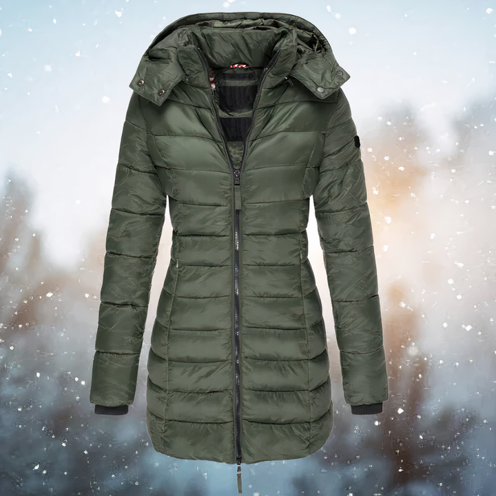 Autumn olive green hooded quilted midi winter jacket, front view