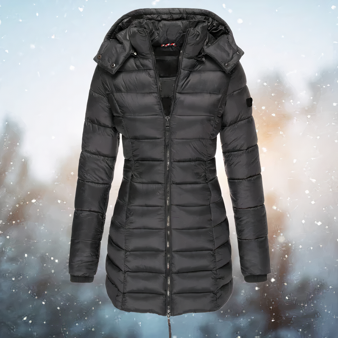 Autumn black hooded quilted midi winter jacket, front view