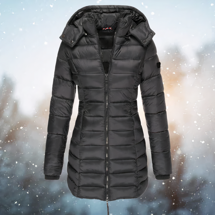 Autumn black hooded quilted midi winter jacket, front view