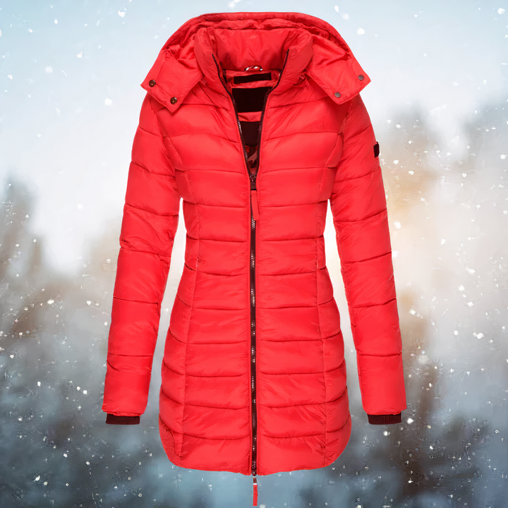 Autumn red hooded quilted midi winter jacket, front view