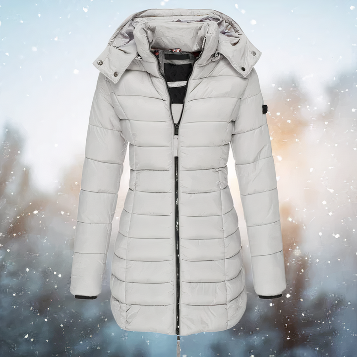 Autumn light gray hooded quilted midi winter jacket, front view