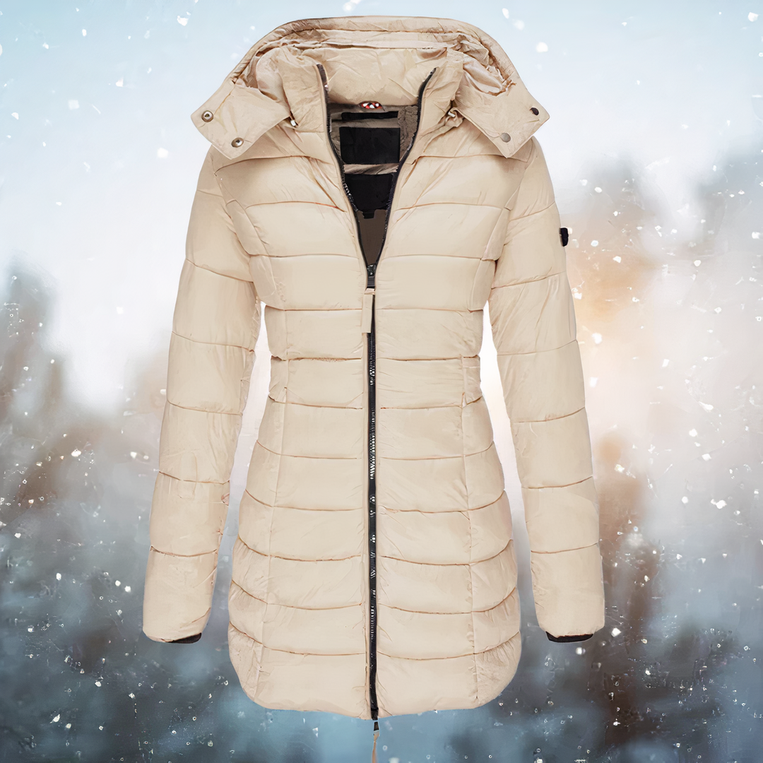 Autumn beige hooded quilted midi winter jacket, front view