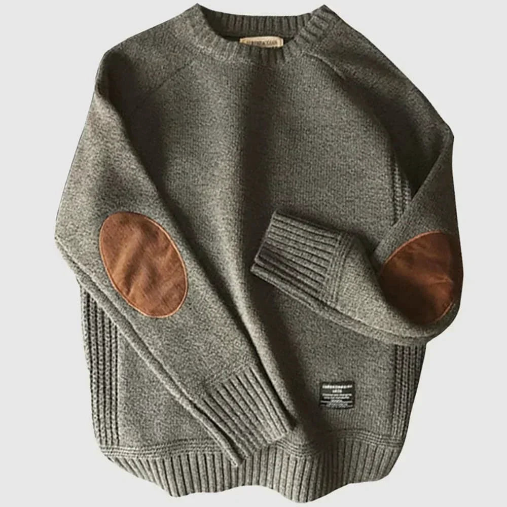 Bennett gray classic knit sweater with elbow patches, flat lay front view