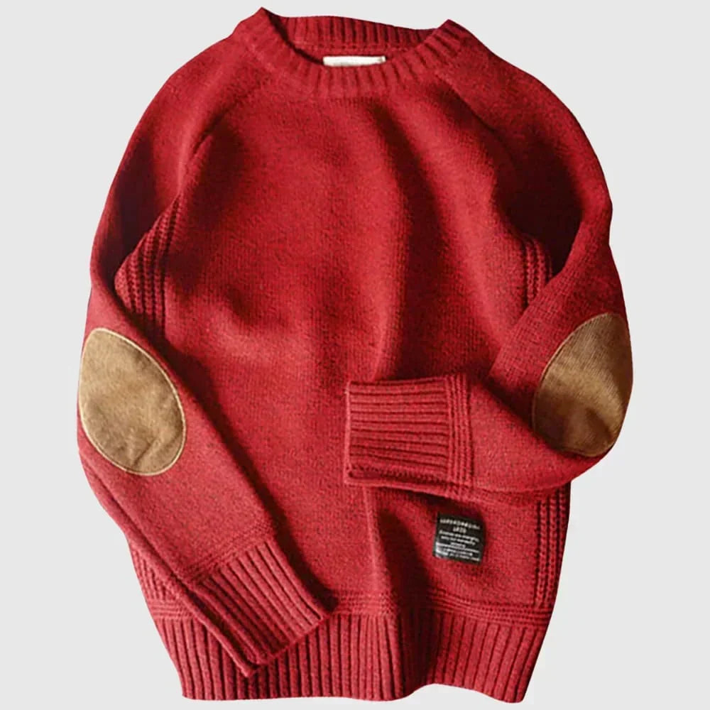 Bennett red classic knit sweater with elbow patches, flat lay front view
