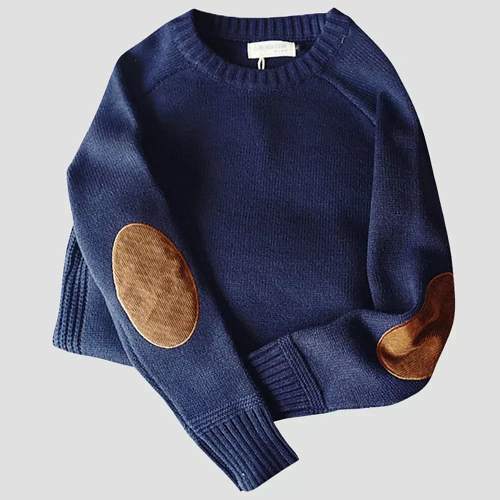 Bennett navy classic knit sweater with elbow patches, flat lay front view