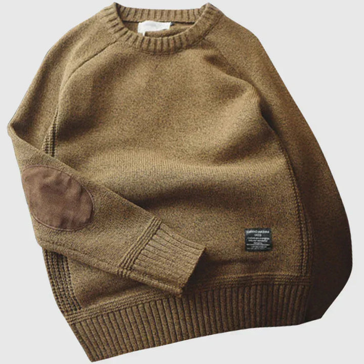 Bennett brown classic knit sweater with elbow patches, flat lay front view
