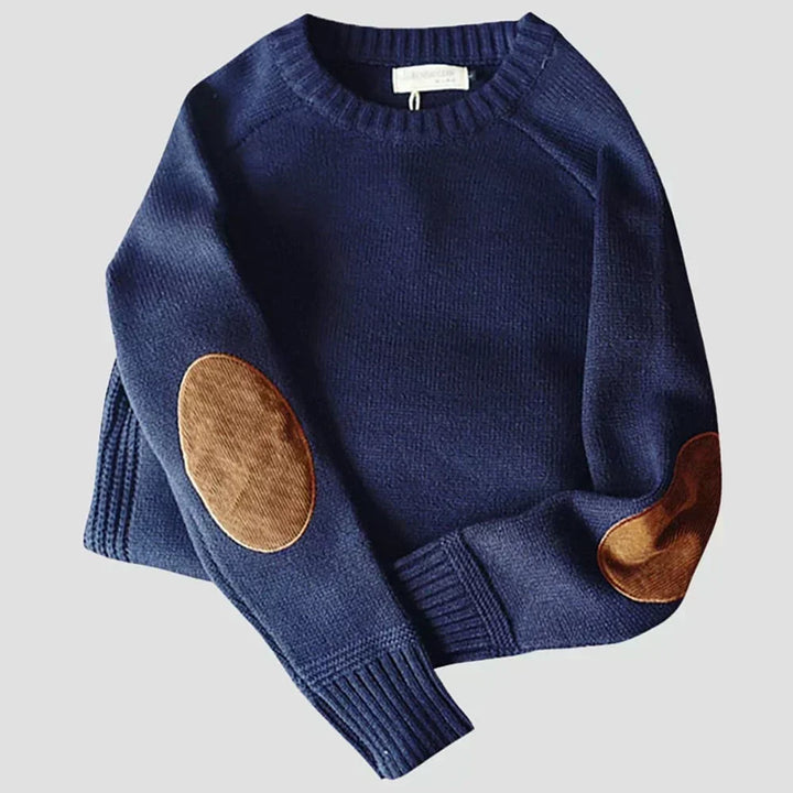 Bennett brown classic knit sweater with elbow patches, flat lay front view