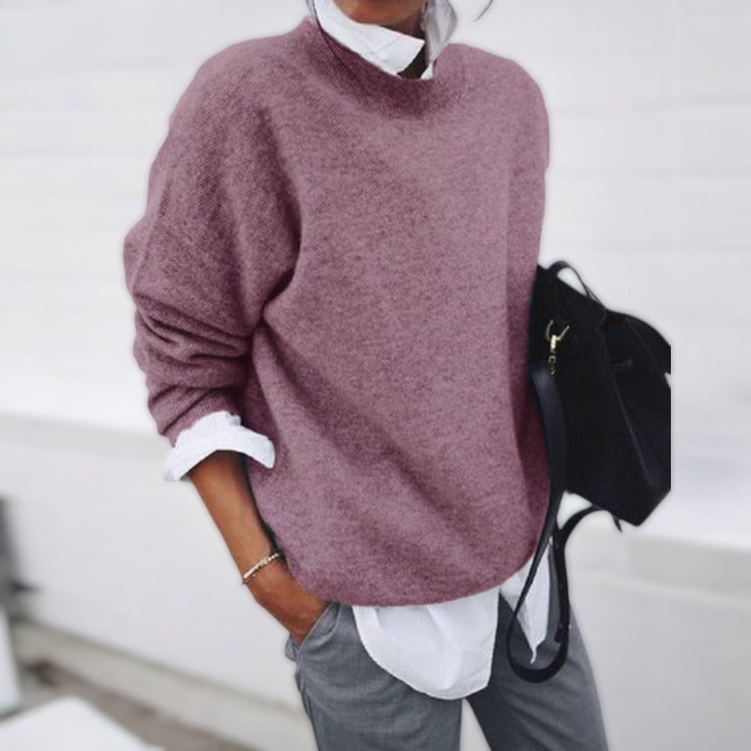 Bianca oversized mock neck sweater in purple-pink, front view