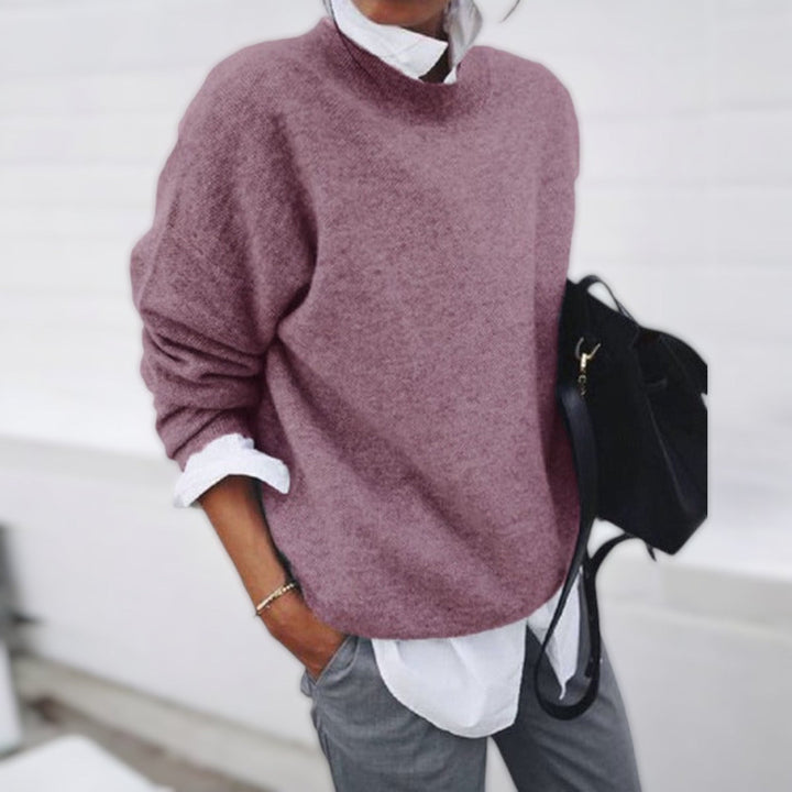 Bianca oversized mock neck sweater in purple-pink, front view