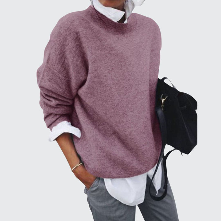 Bianca oversized mock neck sweater in purple-pink, close-up view