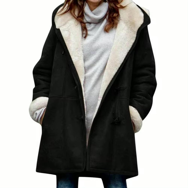 Camille hooded toggle teddy coat in black, front view