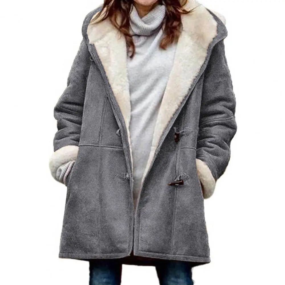 Camille hooded toggle teddy coat in gray, front view