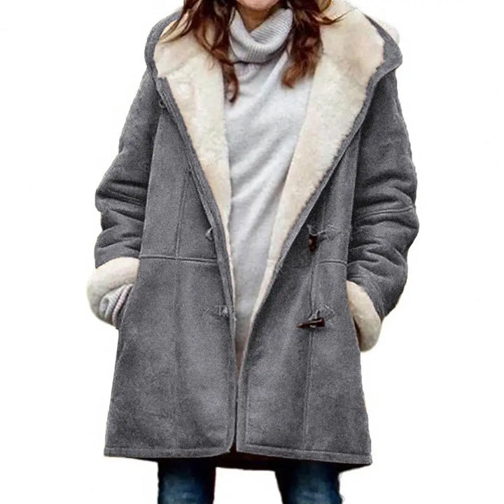 Camille hooded toggle teddy coat in gray, front view