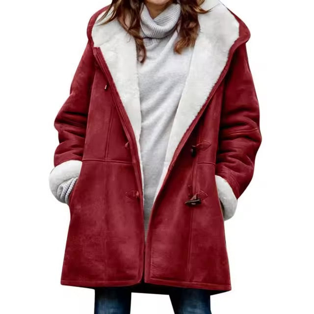 Camille hooded toggle teddy coat in red, front view
