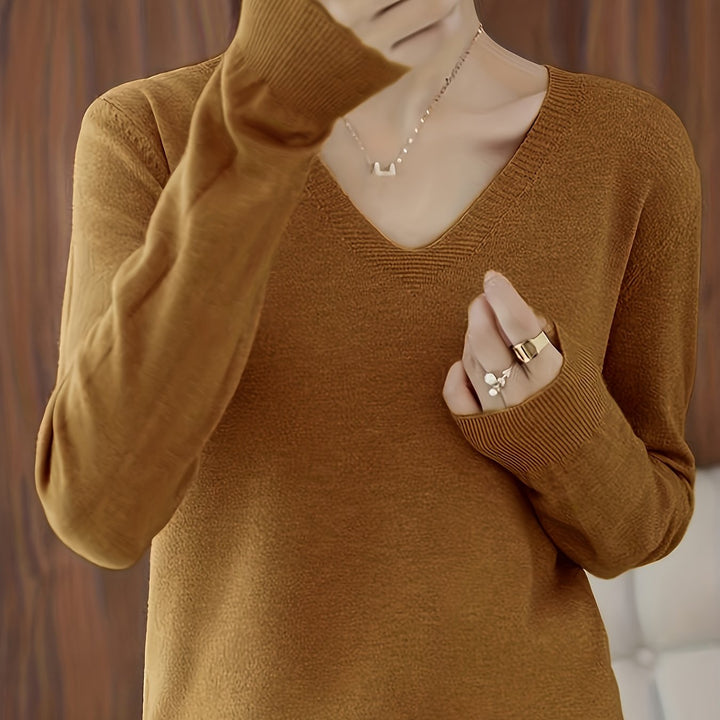 Camille relaxed V-neck sweater in camel, close-up neckline detail