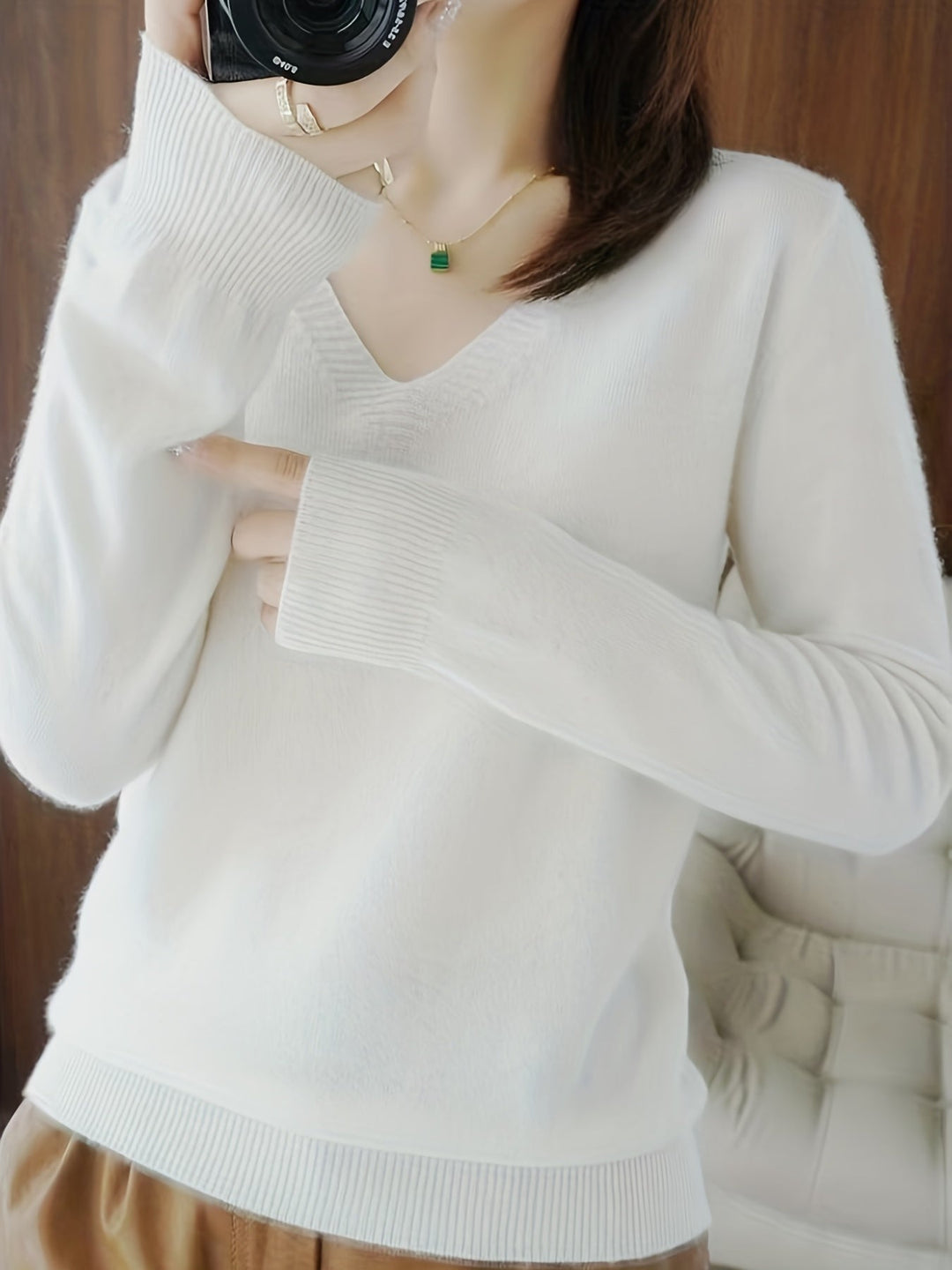 Camille relaxed V-neck sweater in white, close-up detail view