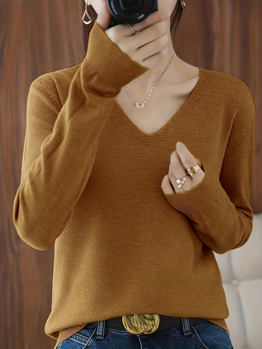 Camille relaxed V-neck sweater in camel, close-up detail view