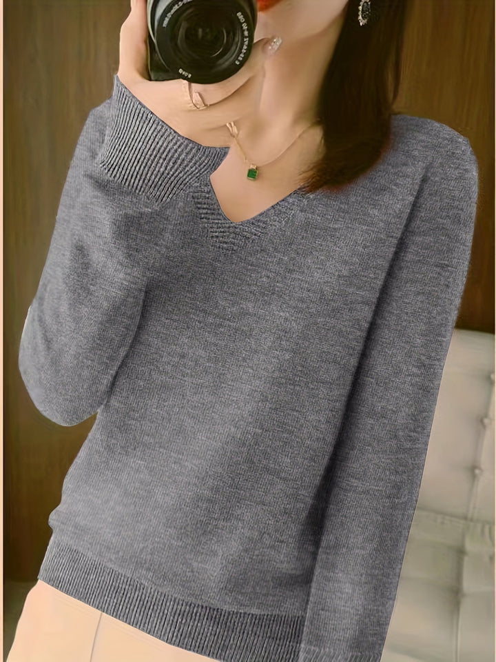 Camille relaxed V-neck sweater in grey, front view