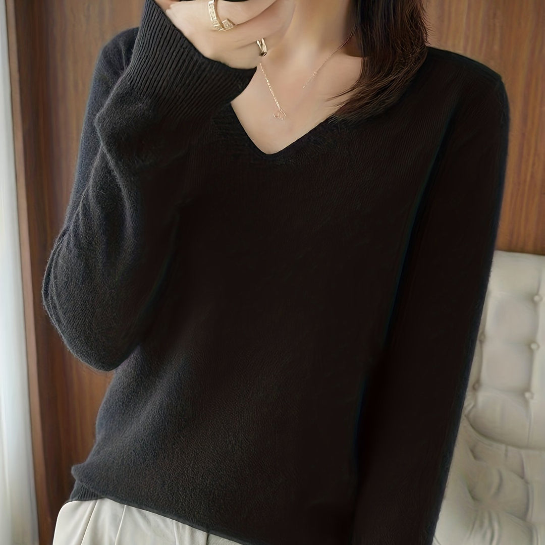 Camille relaxed V-neck sweater in black, close-up front view