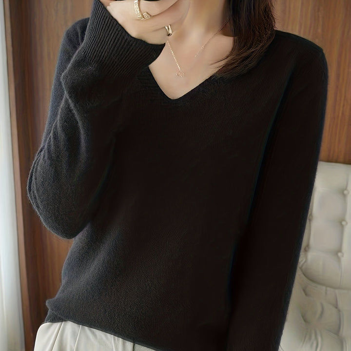 Camille relaxed V-neck sweater in black, close-up front view