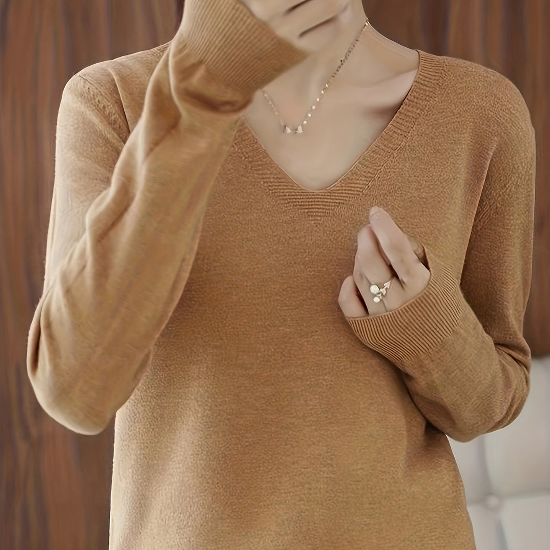 Camille relaxed V-neck sweater in camel, close-up front view