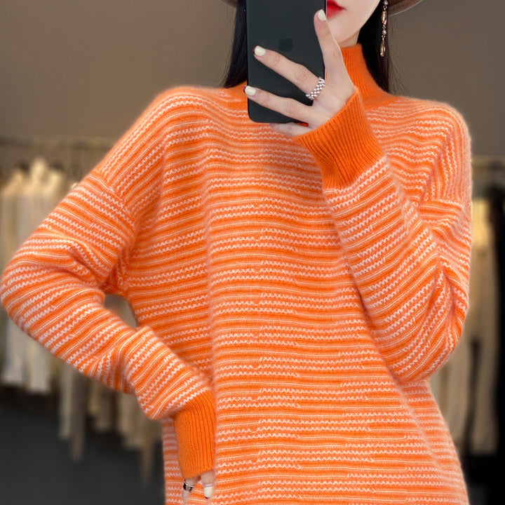 Coraline striped mock neck sweater in orange, front view