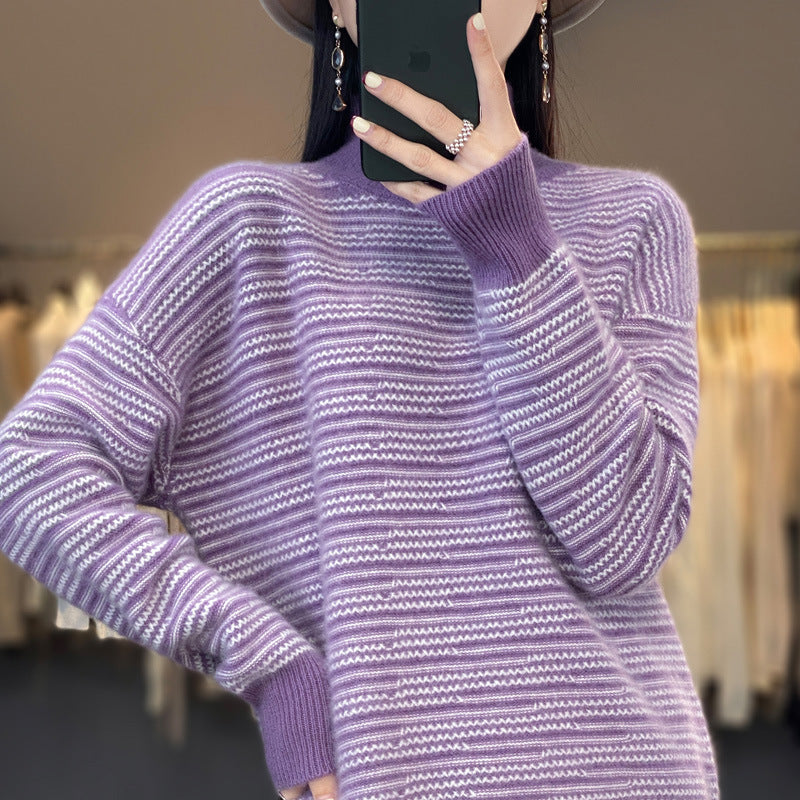Coraline striped mock neck sweater in lilac, front view