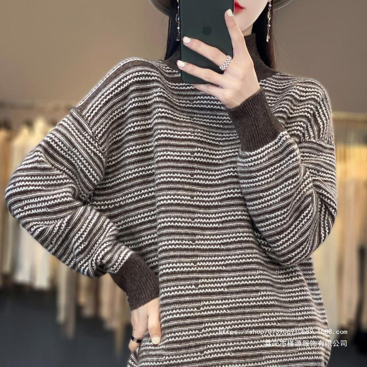 Coraline striped mock neck sweater in brown, close-up view