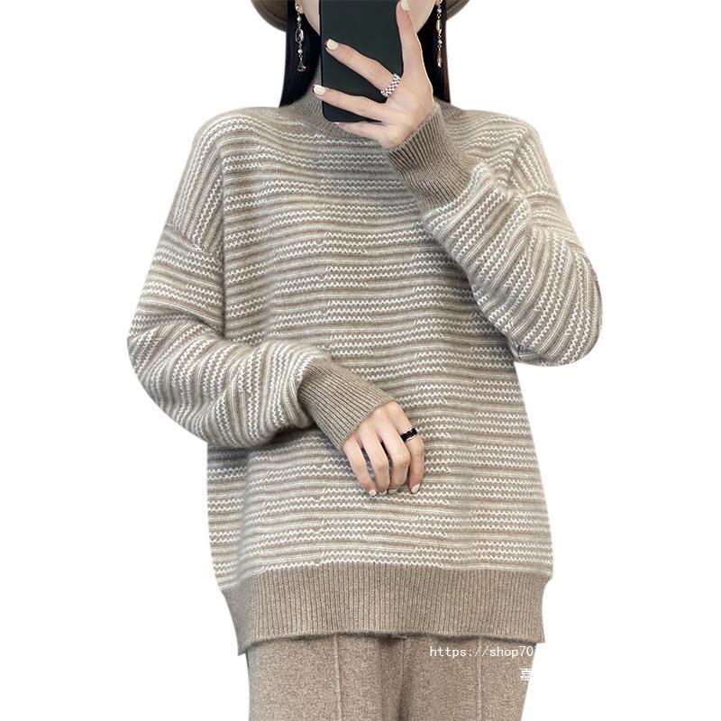 Coraline striped mock neck sweater in camel, close-up front view
