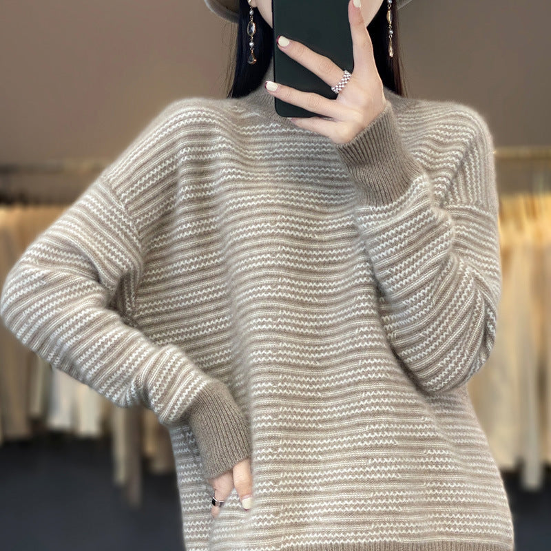 Coraline striped mock neck sweater in camel, full front view with sleeves down