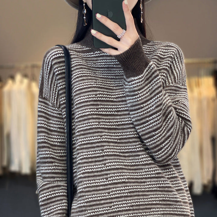 Coraline striped mock neck sweater in brown, close-up neckline view