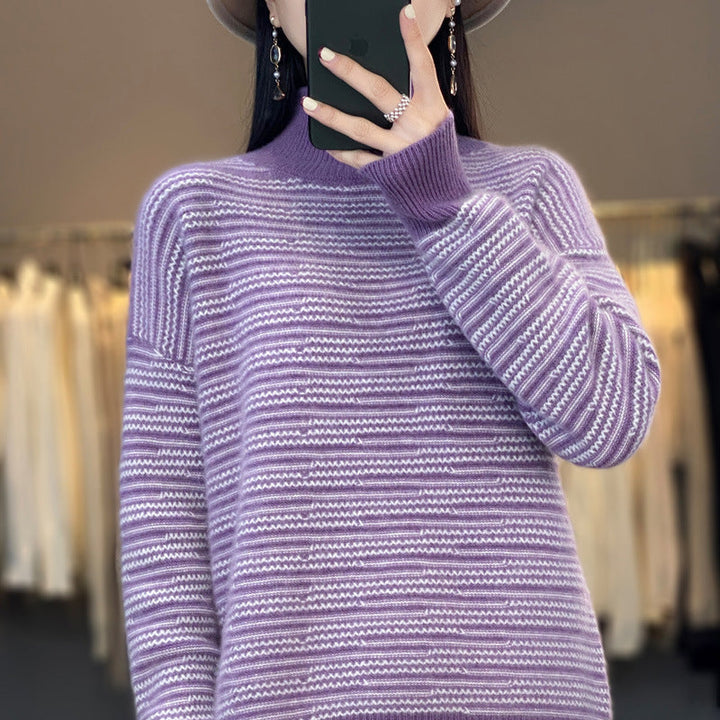 Coraline striped mock neck sweater in lilac, close-up neckline view