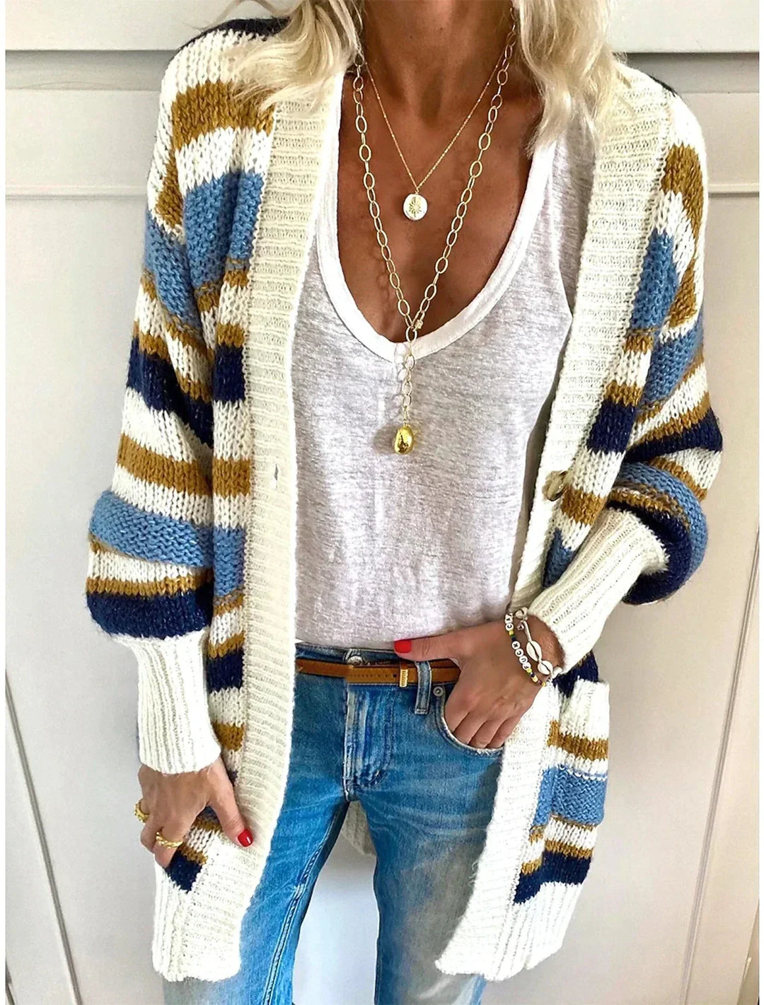 Coraline striped open front cardigan with V-neck, front view close-up